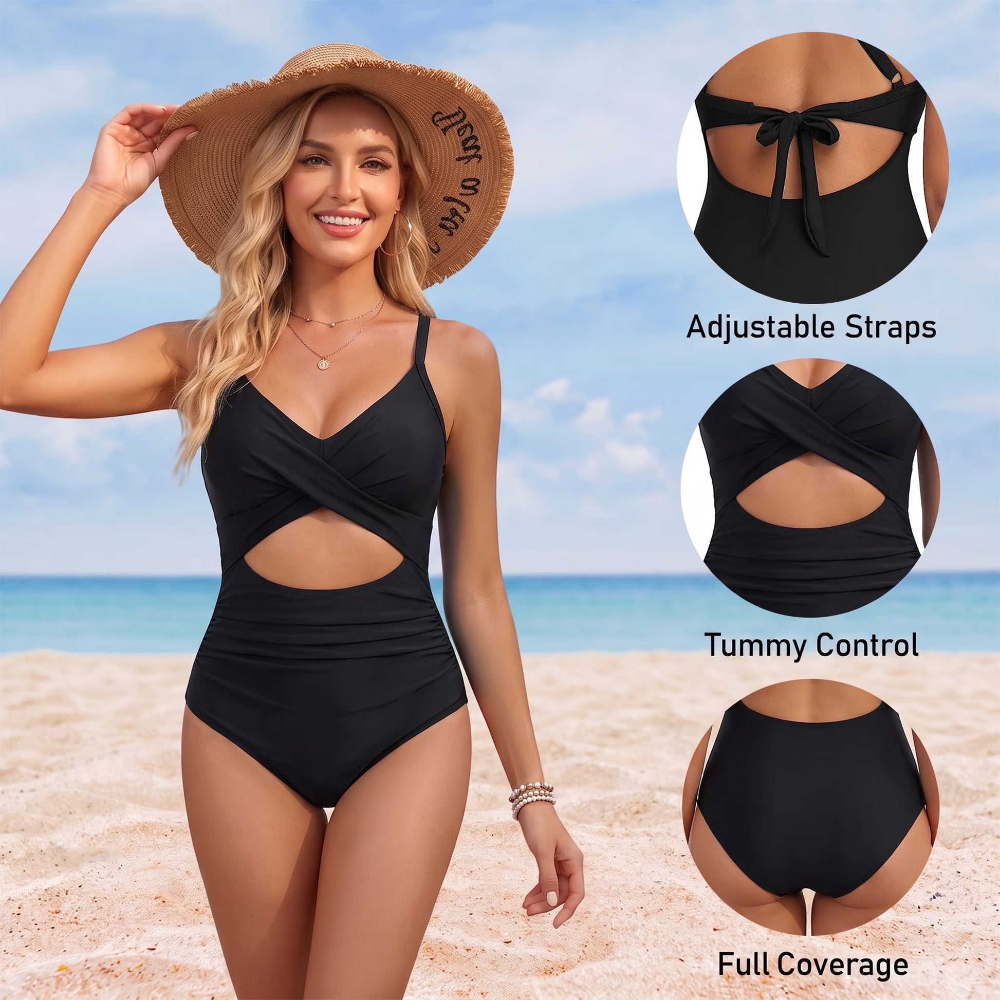 Women'S One Piece Swimsuits Tummy Control Cutout High Waisted Bathing Suit Wrap Tie Back 1 Piece Swimsuit